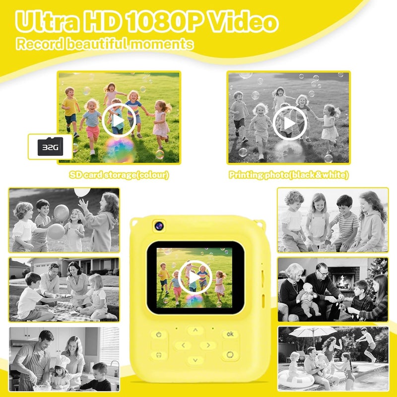 QDH Instant Print Camera for Kids, 1080P Video Camera with 3 Print Rolls, 32GB Card & Cute Cover, Gift for Girls Boys Age 3-12, Toddler Digital Camera with Games, Filters, Music – Yellow - Image 4